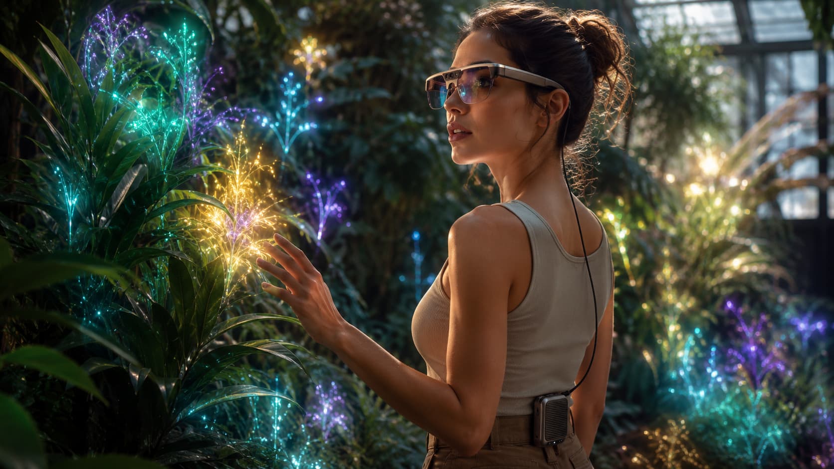 A woman wearing VibraRays One in a greenhouse where foliage glows with translated light