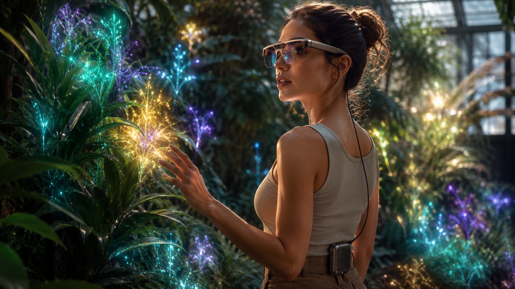 A woman wearing VibraRays One in a greenhouse, reaching toward foliage that glows with translated spectral light