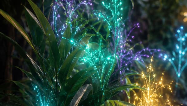 Foliage rendered with cyan, violet and gold light in Biolume