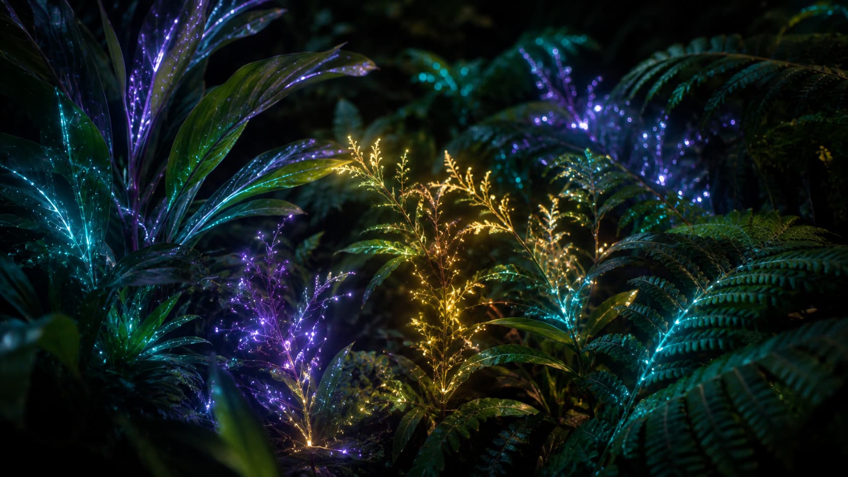 Ferns and foliage glowing violet, cyan and gold in Biolume
