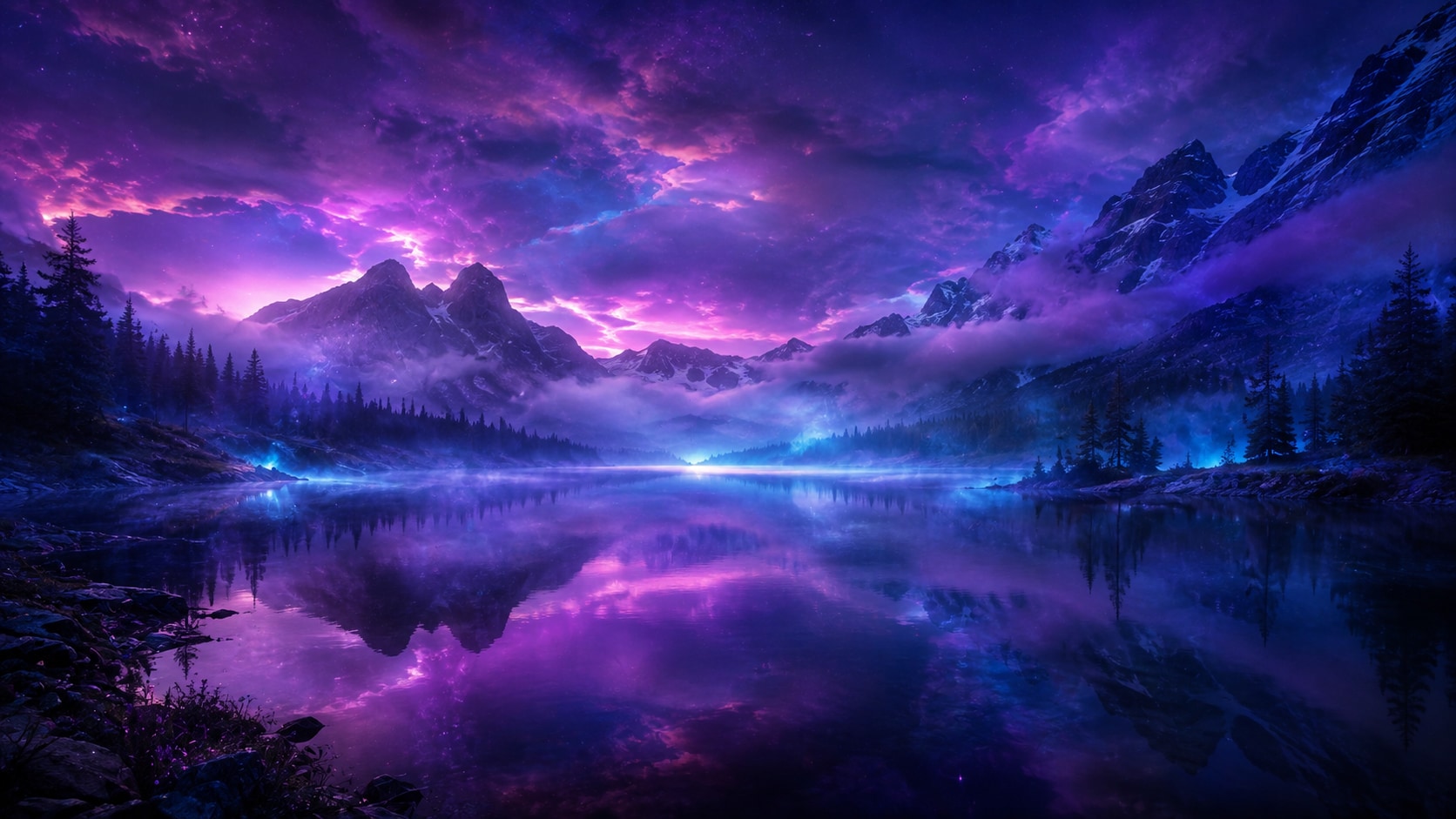 A twilight mountain lake softened into a dreamlike violet haze
