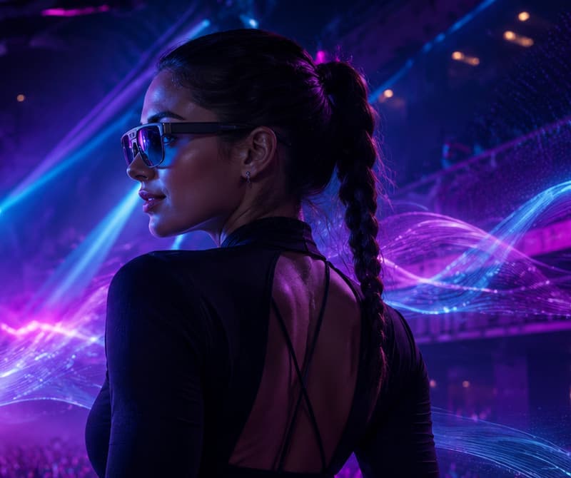 A woman wearing VibraRays One with light waves flowing behind her