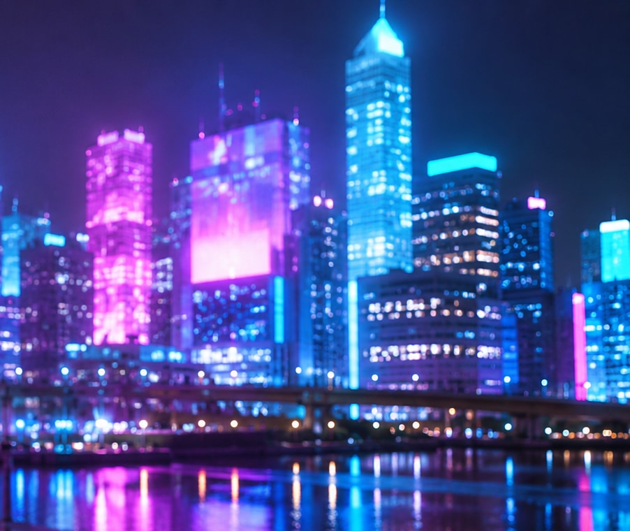 A night skyline reinterpreted in cyan and magenta spectrum