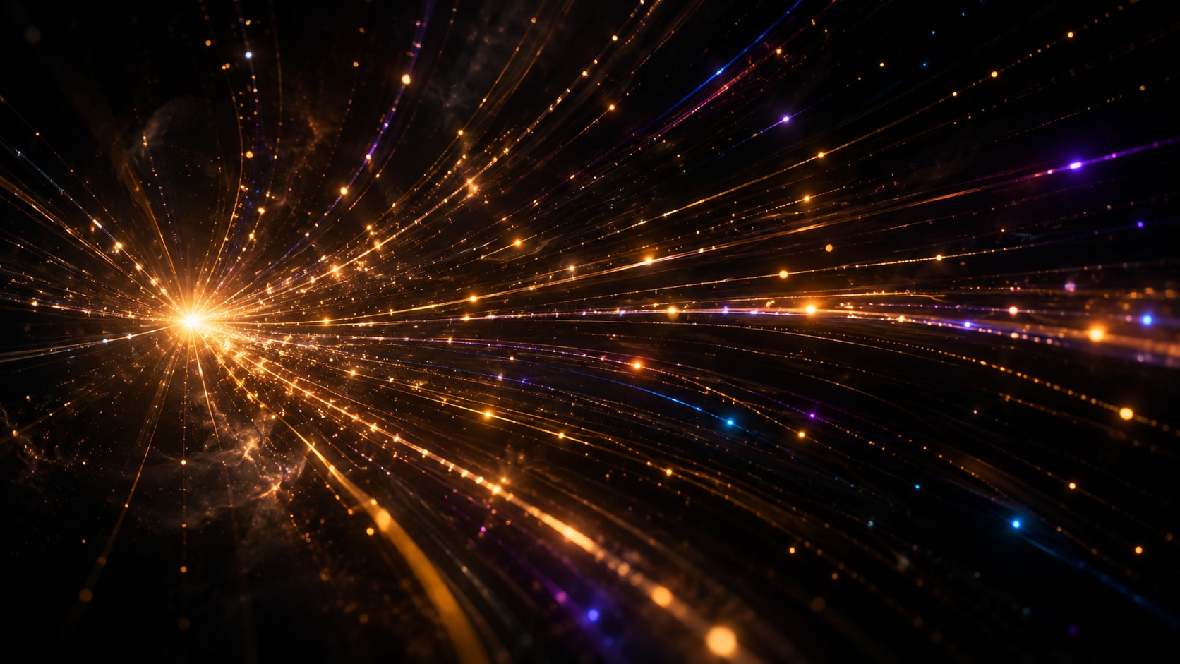 Golden light streaks radiating across a black field, like time made visible