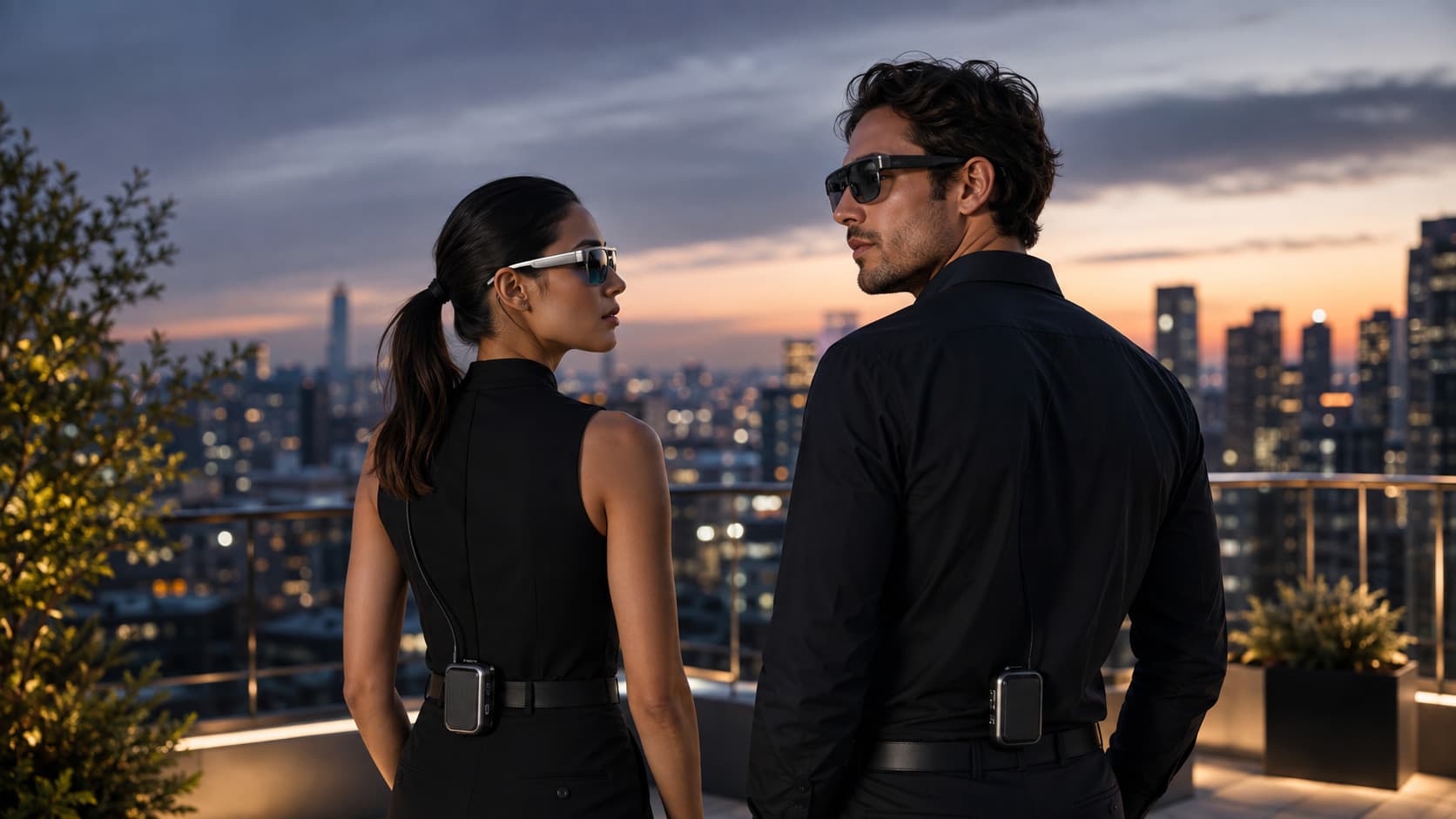 Two people on a rooftop at dusk wearing VibraRays One, RM Core clipped at the back of the belt