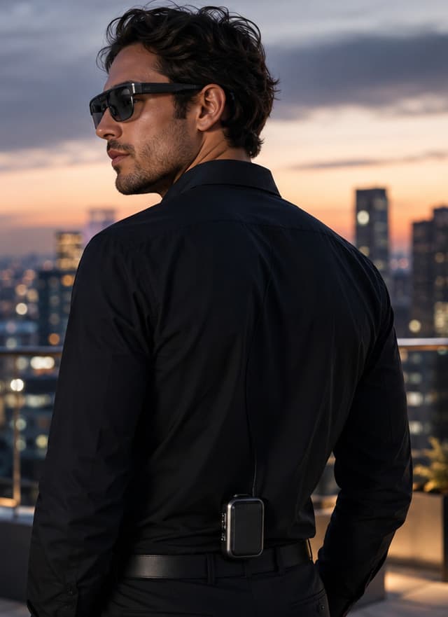 A man wearing VibraRays One, RM Core at the back of his belt