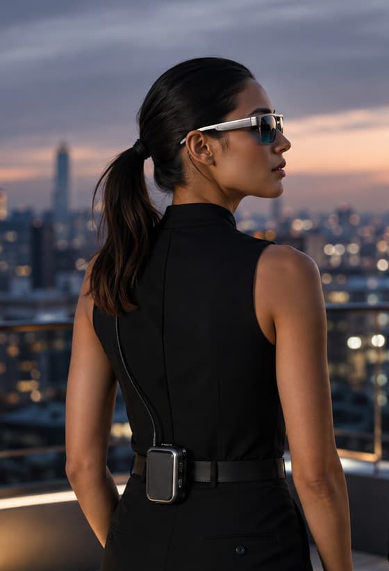 A woman wearing VibraRays One, RM Core at the back of her belt