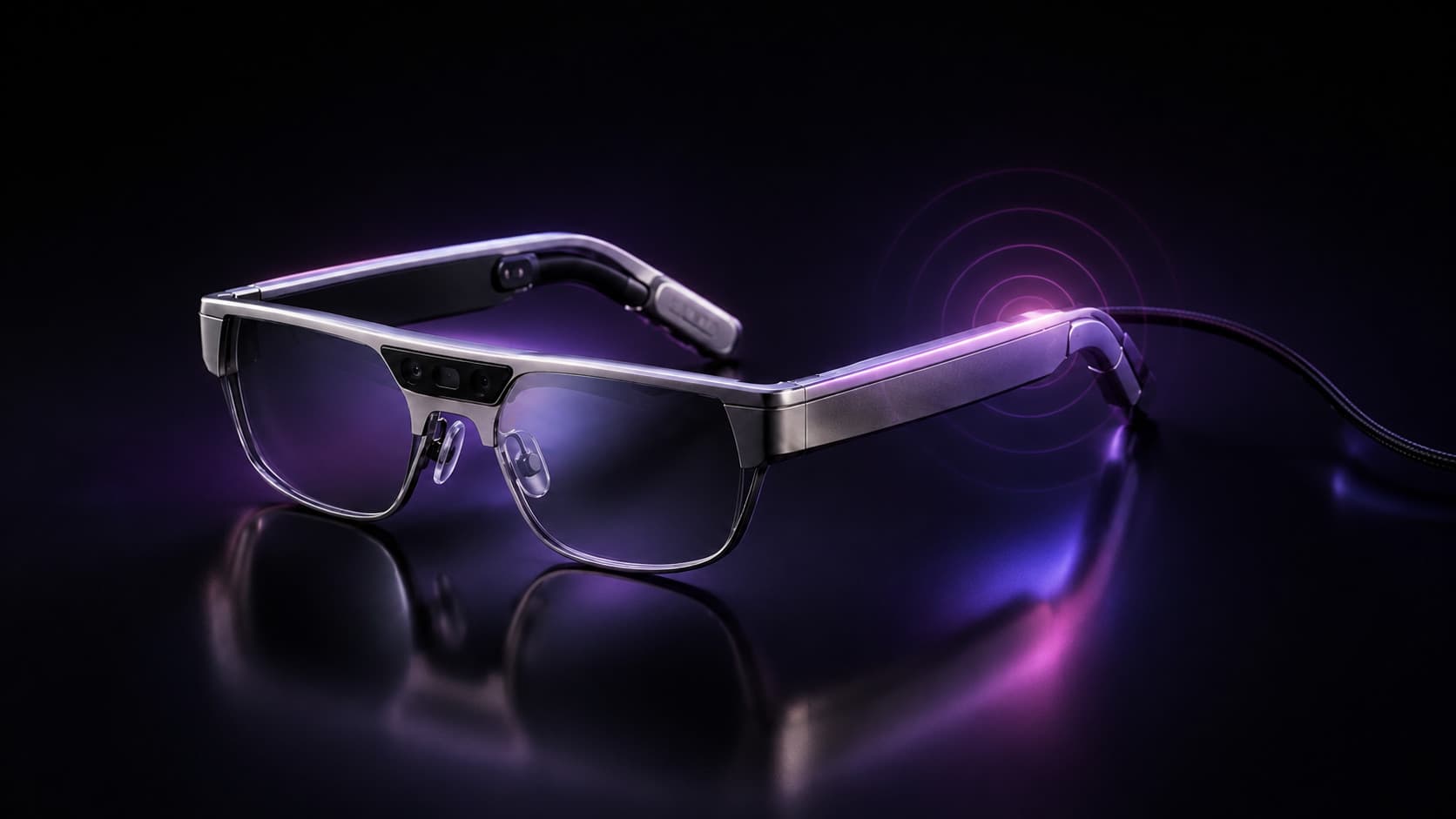VibraRays One in Titanium with a violet glow and sound rings at the rear-temple bone-conduction contact area
